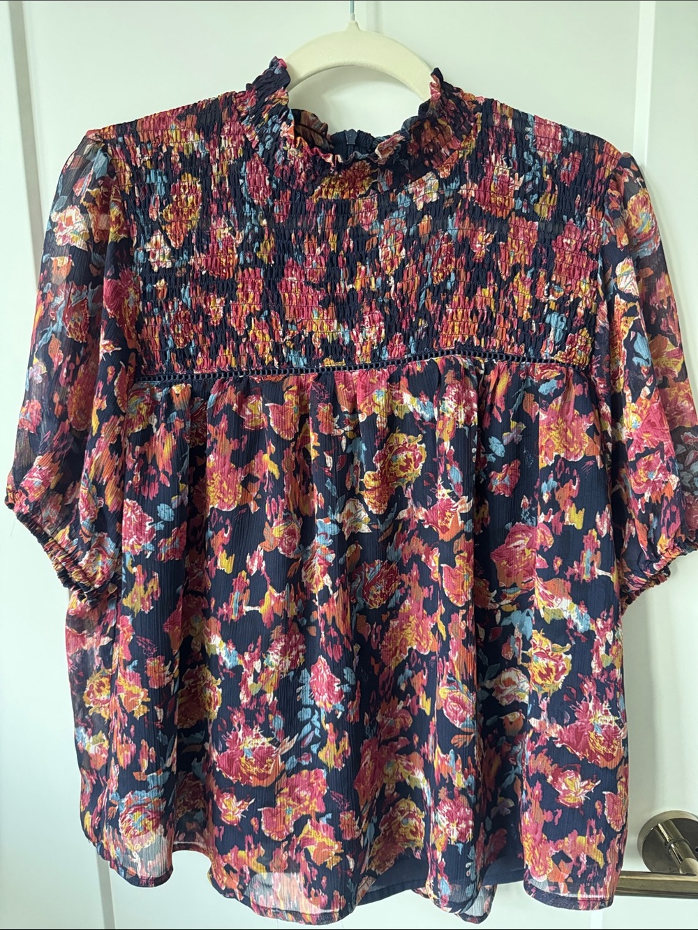 THML Navy Floral Smocked Peplum Blouse with Pink & Gold Accents